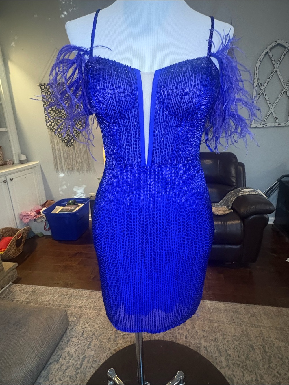 Ashley Lauren Royal Blue Feather-Trim Off-Shoulder Cocktail Dress